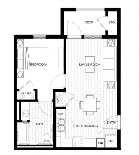 Floor plan for 1 bed, 1 bath, 562 sqft